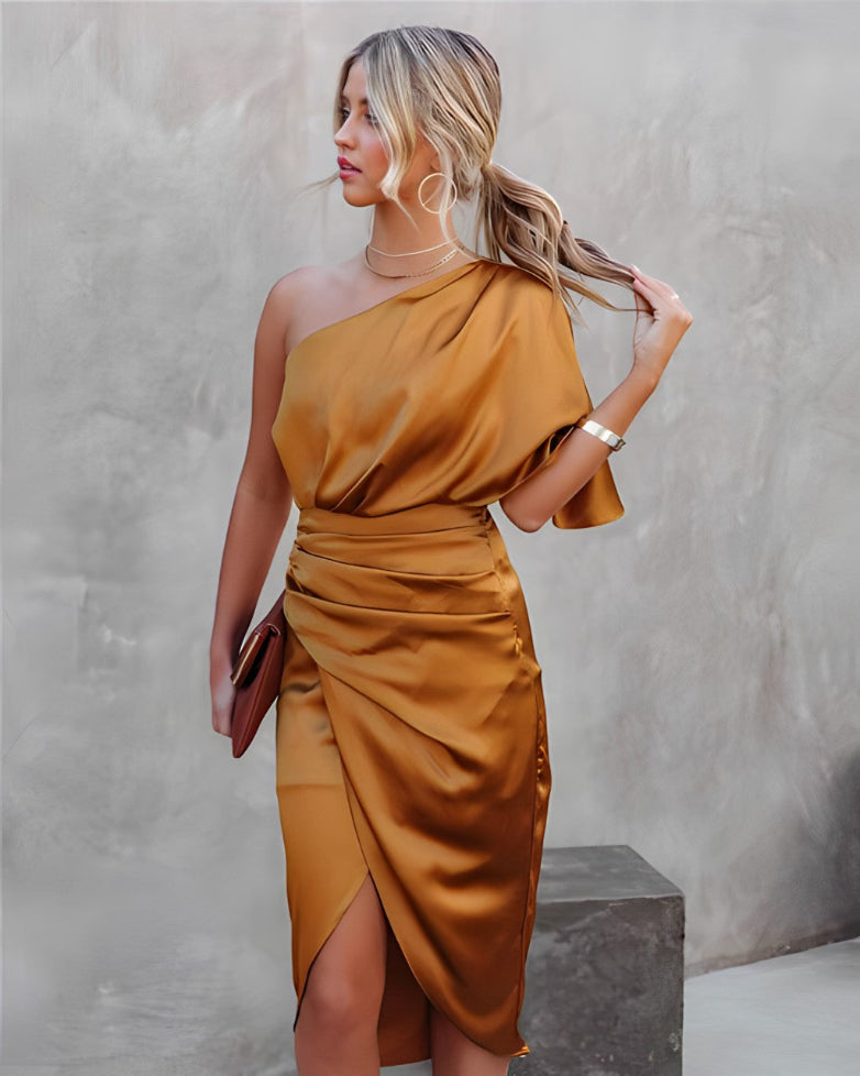 Image of Bea | Dame One Shoulder Slå-om Midi Kjole