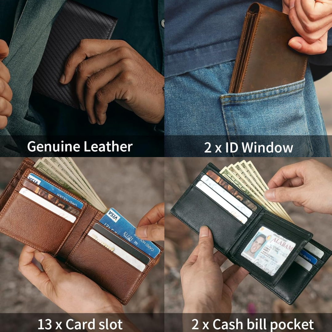 Bifold-tegnebog i ægte læder til mænd med RFID-blokering