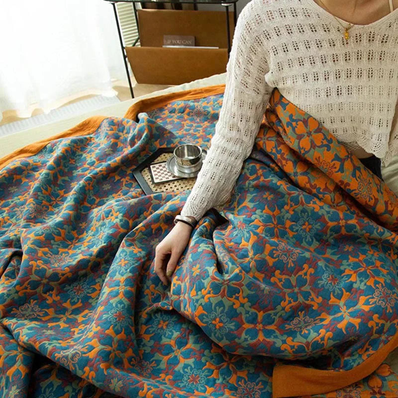 Blå Mønstret Seks-Lags Bomulds Quilt – TerraLoom Komfort Tæppe