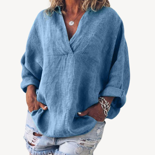 Lyana - v-ausschnitt damen bluse | Haut décontracté en lin - Image 2