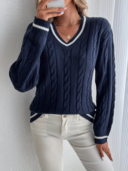 Camille | Pull Femme Col V Tricot Câble - Image 1