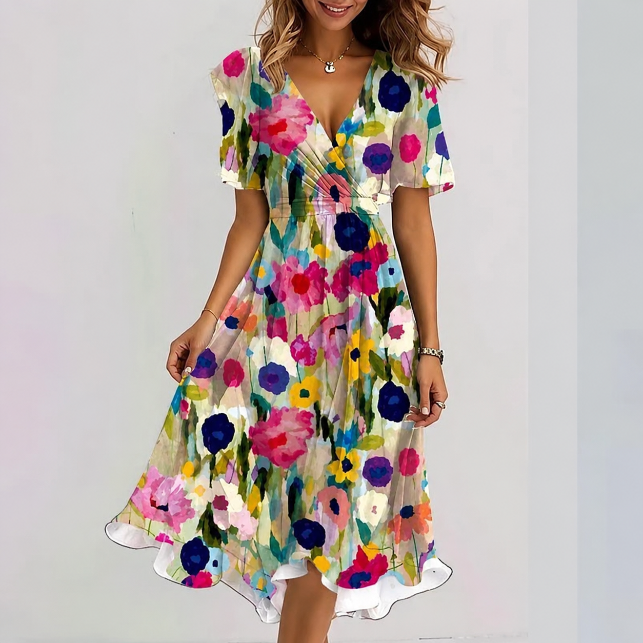 Camilla | Dame V-hals Slå-om Midi Kjole - Image 1