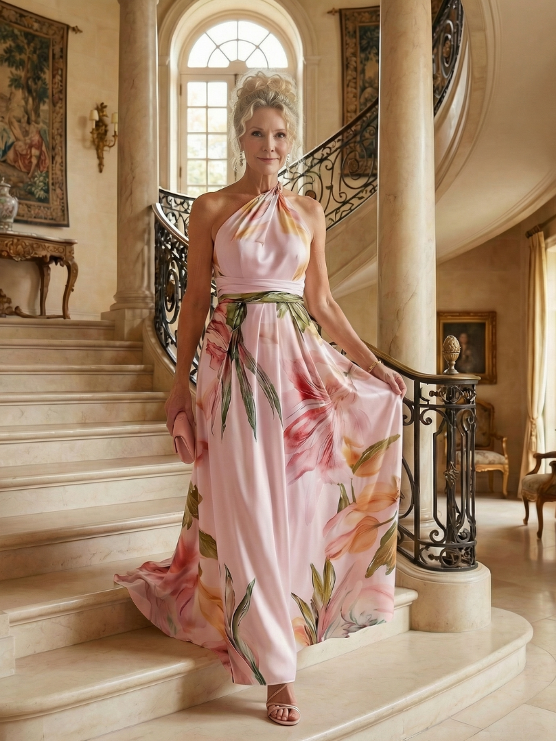 Dame A-line maxikjole med halterneck