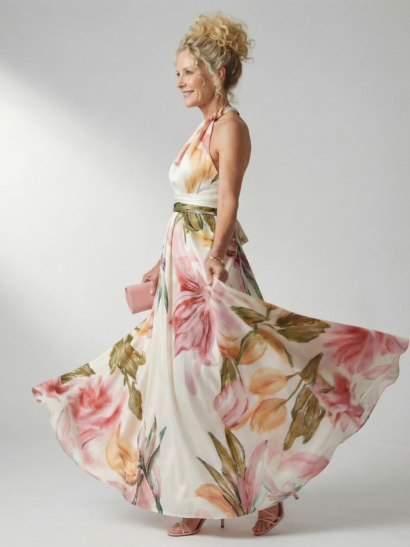 Dame A-line maxikjole med halterneck