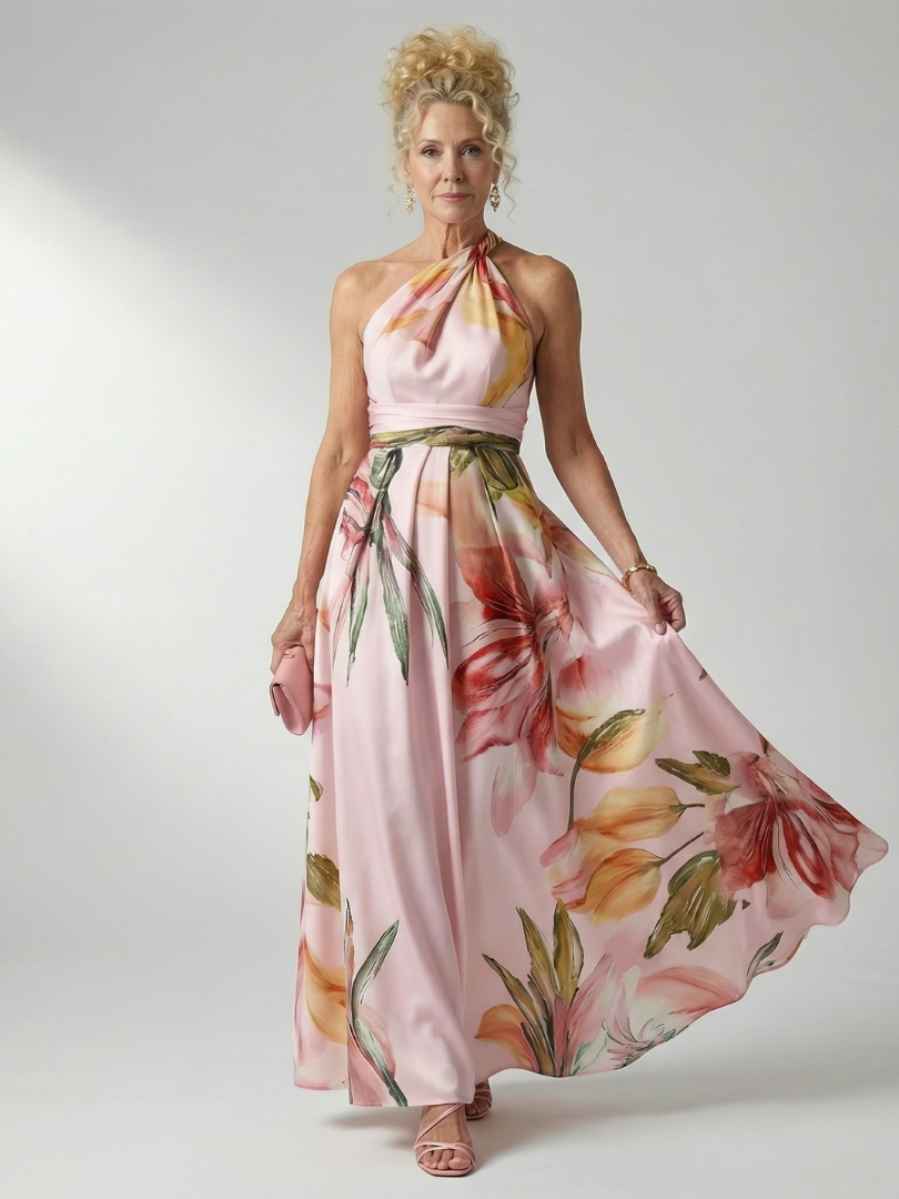 Dame A-line maxikjole med halterneck
