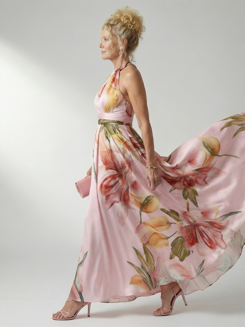 Dame A-line maxikjole med halterneck