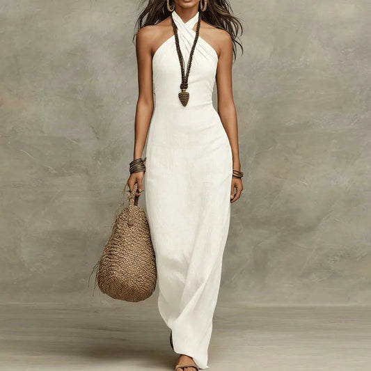 Dame maxikjole i hør med halterneck
