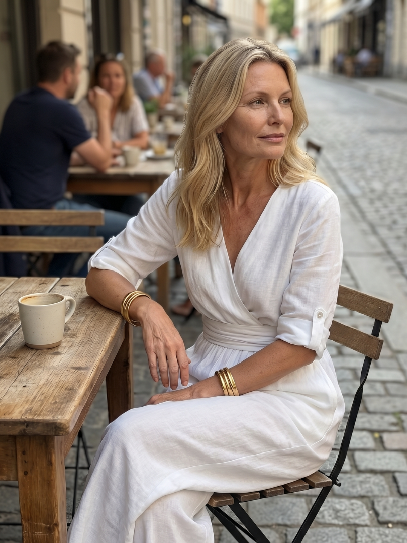 Dame maxikjole med V-hals og omslag
