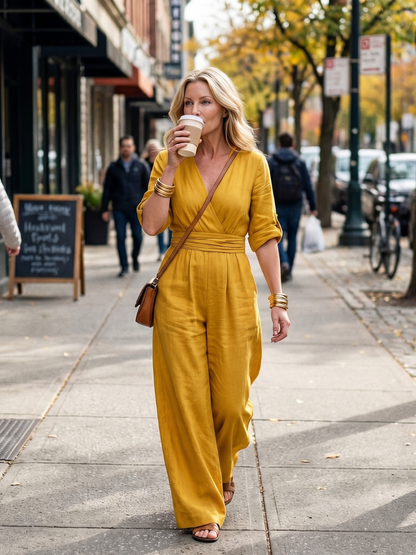 Dame maxikjole med V-hals og omslag