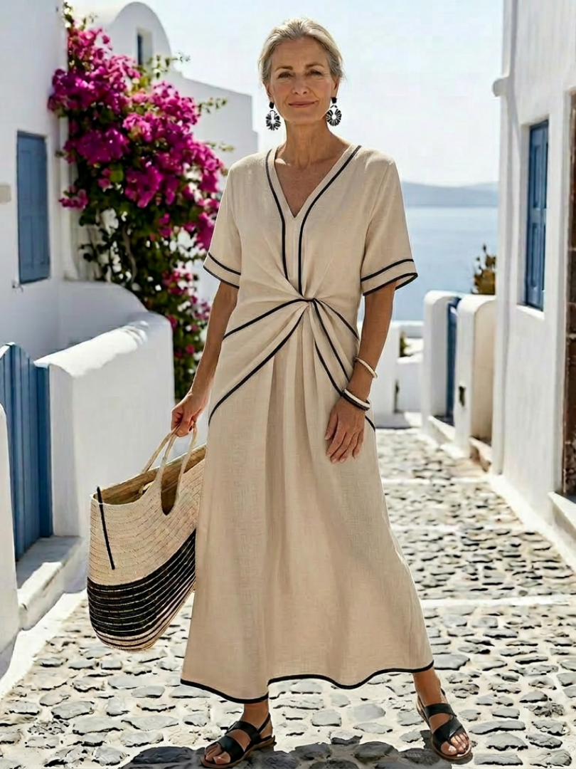 Dame midi sommerkjole med V-hals