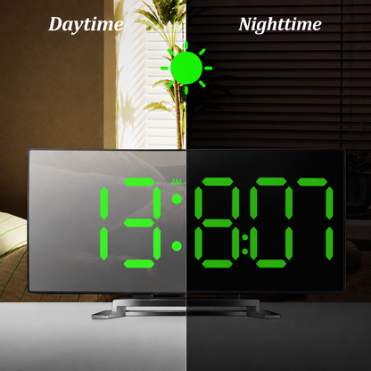 Digital Ur | LED Spejl Alarmur | Automatisk Dæmpning Blændfri | CurveClock