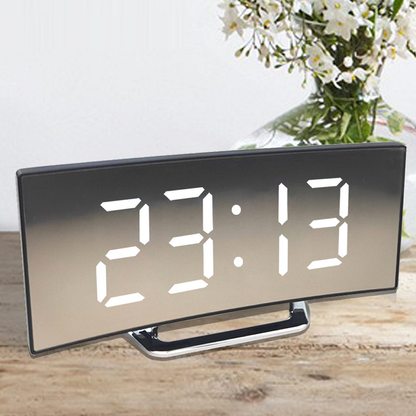 Digital Ur | LED Spejl Alarmur | Automatisk Dæmpning Blændfri | CurveClock