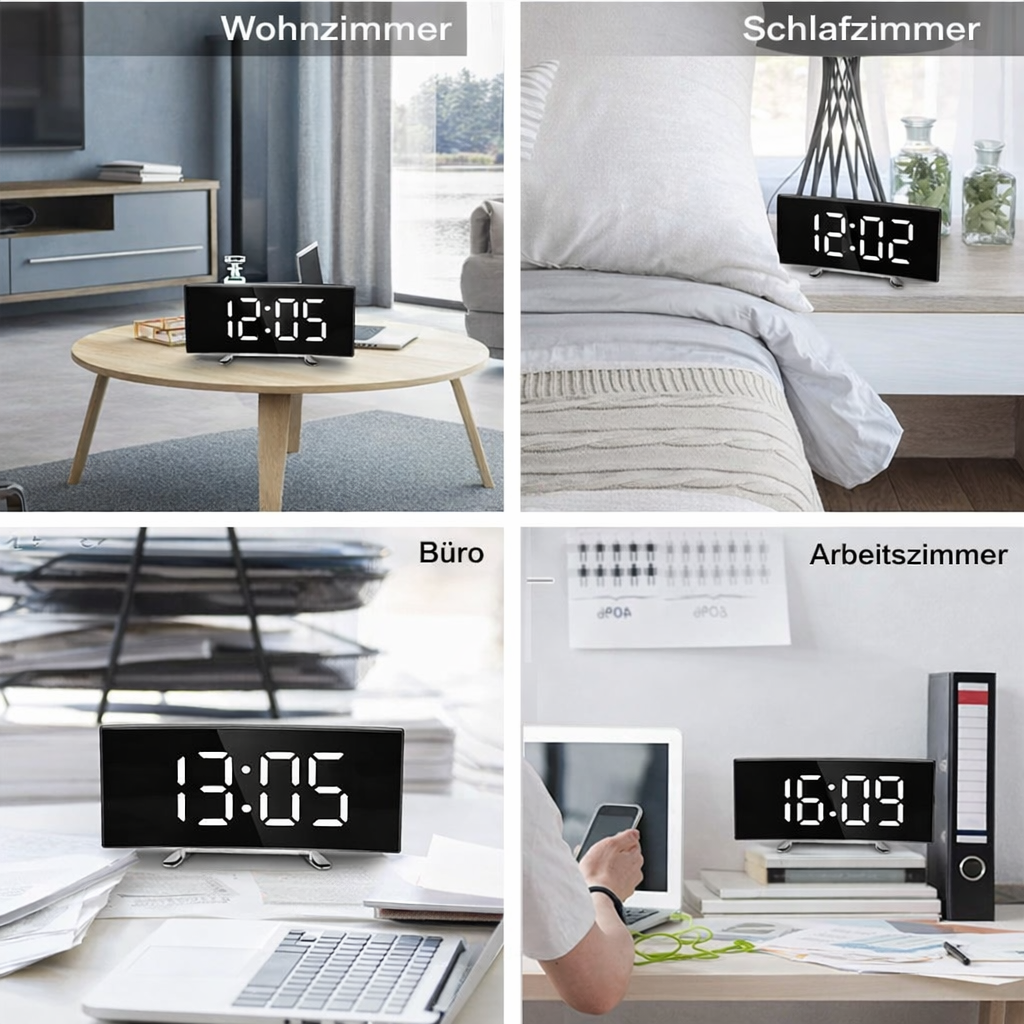 Digital Ur | LED Spejl Alarmur | Automatisk Dæmpning Blændfri | CurveClock