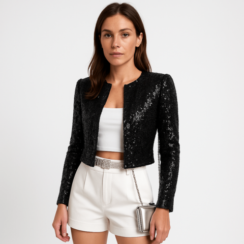 Elegant cropped pailletjakke til kvinder
