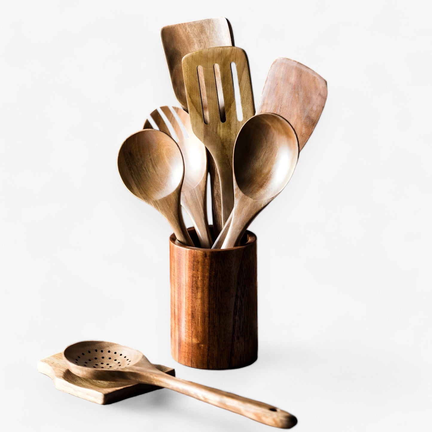 Elegant Teak Køkkenredskabs Sæt – 9 Stykker med Holder