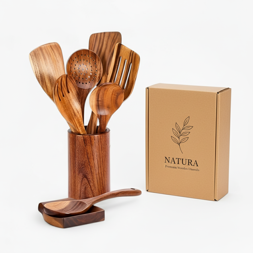 Elegant Teak Køkkenredskabs Sæt – 9 Stykker med Holder