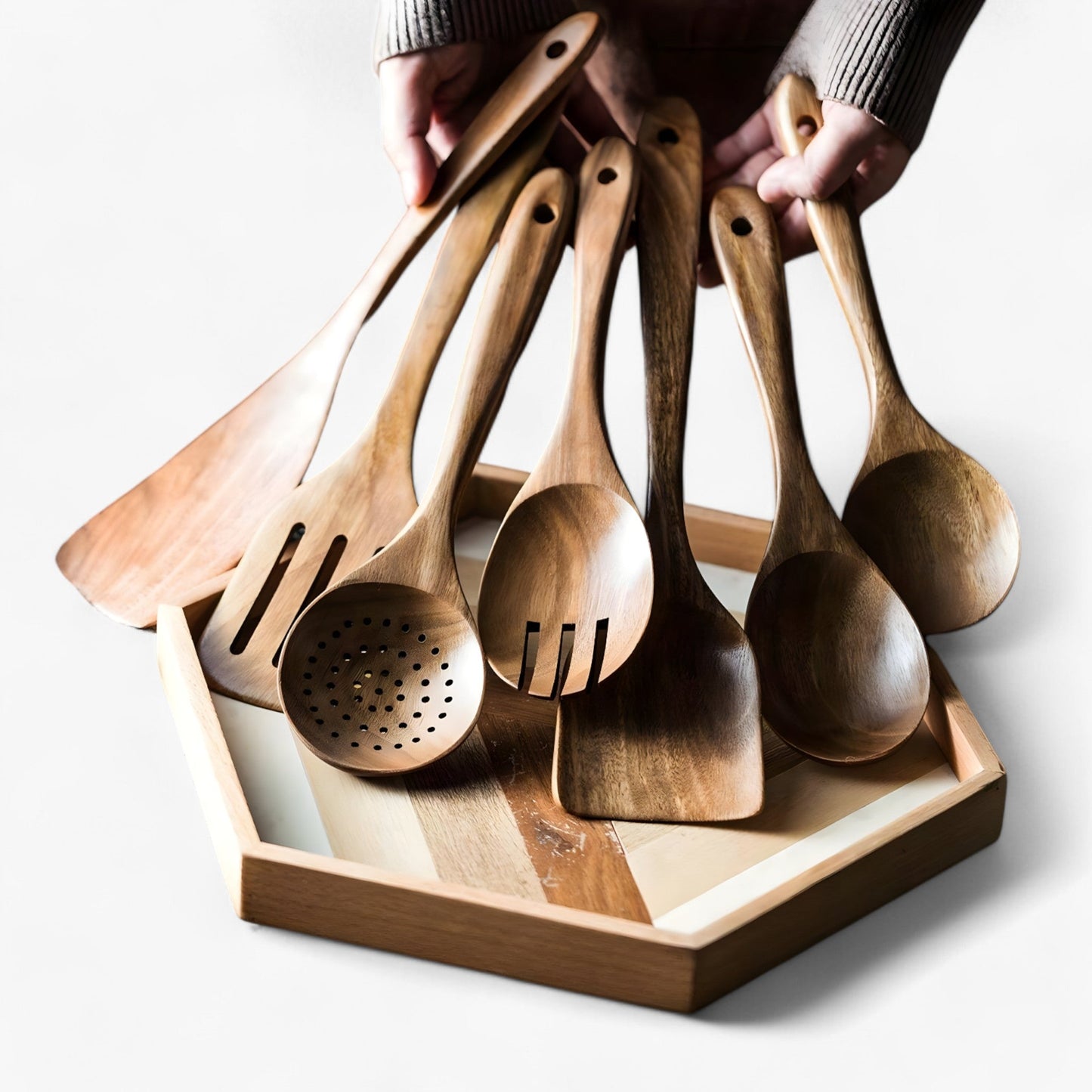 Elegant Teak Køkkenredskabs Sæt – 9 Stykker med Holder