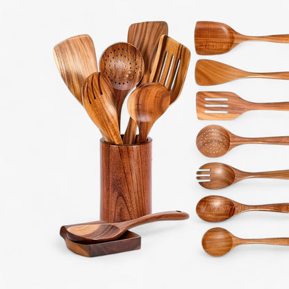 Elegant Teak Køkkenredskabs Sæt – 9 Stykker med Holder