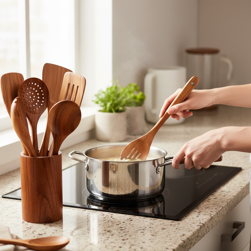 Elegant Teak Køkkenredskabs Sæt – 9 Stykker med Holder