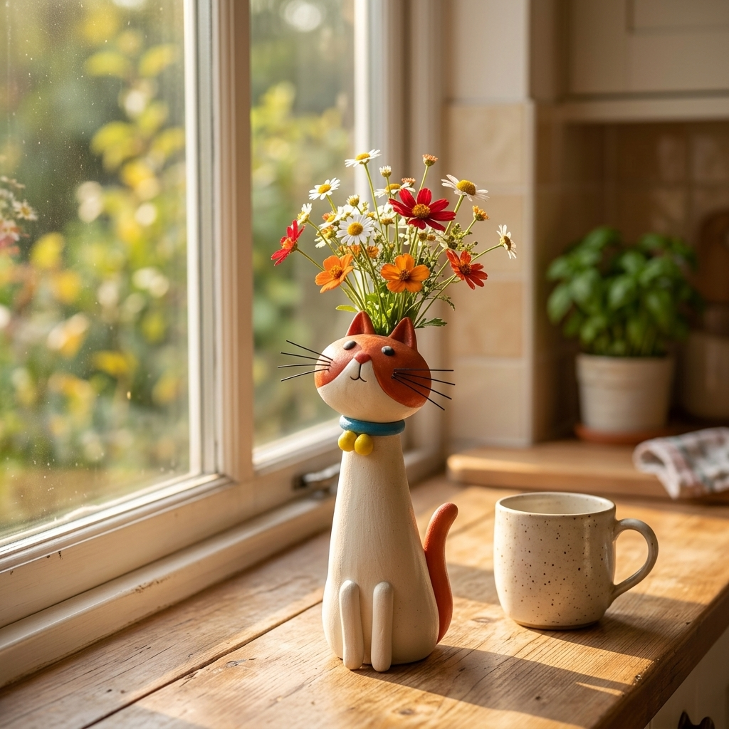Felina™ – Håndlavet Keramisk Kat Blomster Vase