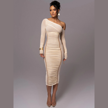 Image of Gunnvor | Dame One Shoulder Rynket Midi Kjole