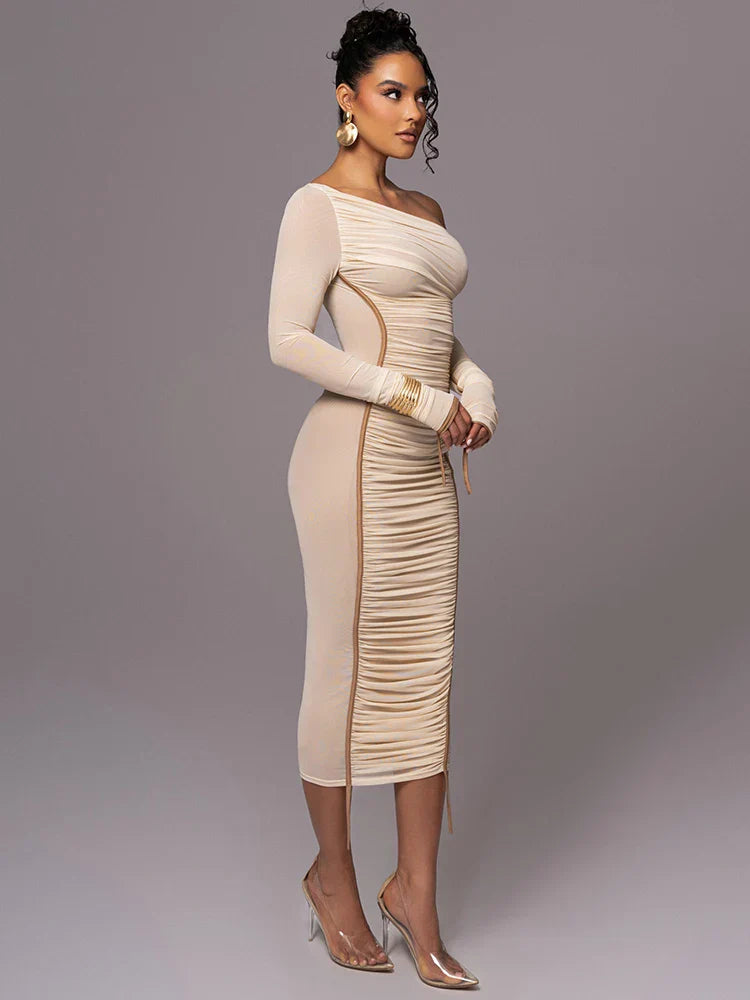 Image of Gunnvor | Dame One Shoulder Rynket Midi Kjole