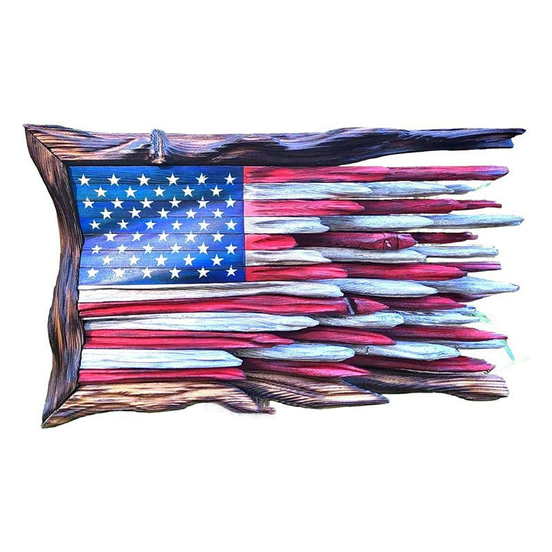 Håndlavet rustikt vægrelief af drivtømmer med amerikansk flag