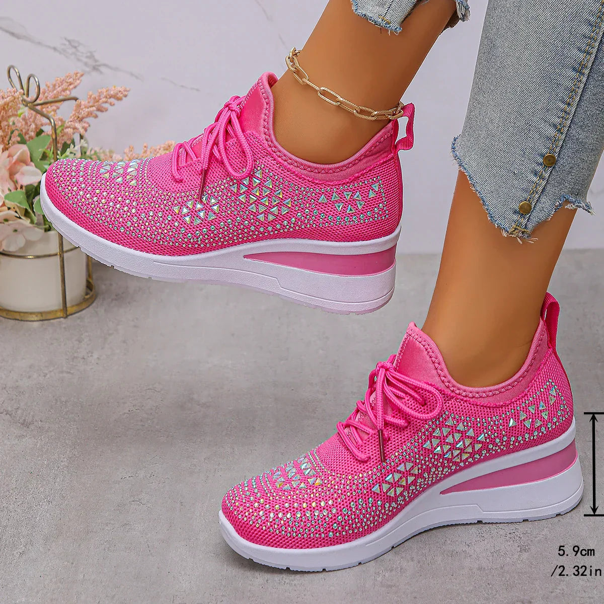 Happy™ Kvinder Sneakers: Stilfulde Åndbare Wedge Hæl Kvinders Sneakers med Funklende Rhinsten