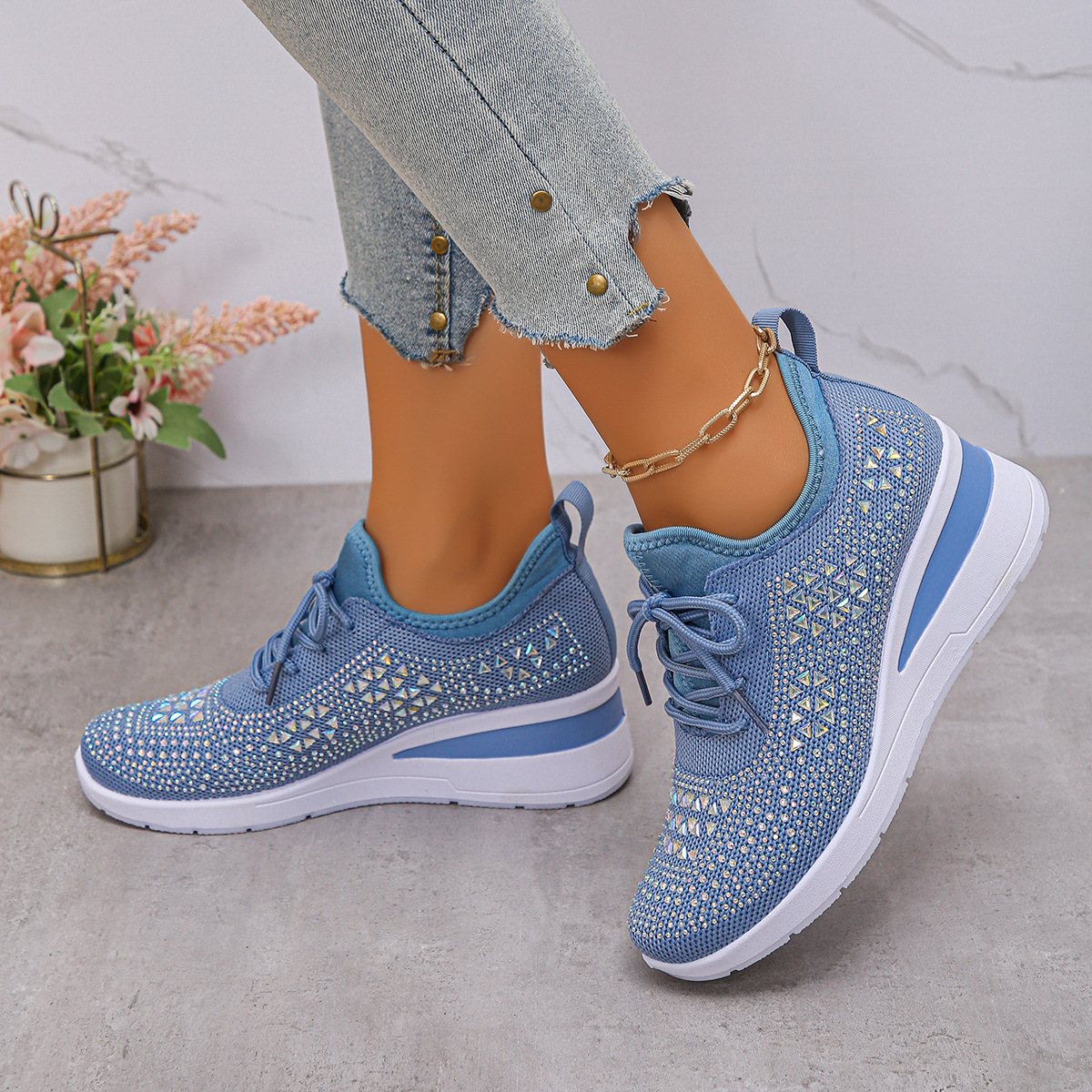 Happy™ Kvinder Sneakers: Stilfulde Åndbare Wedge Hæl Kvinders Sneakers med Funklende Rhinsten
