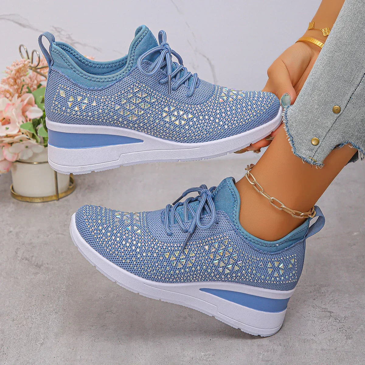Happy™ Kvinder Sneakers: Stilfulde Åndbare Wedge Hæl Kvinders Sneakers med Funklende Rhinsten