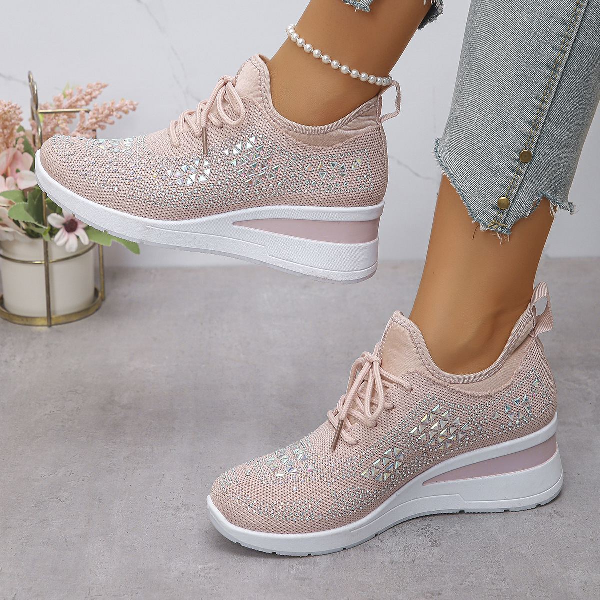 Happy™ Kvinder Sneakers: Stilfulde Åndbare Wedge Hæl Kvinders Sneakers med Funklende Rhinsten