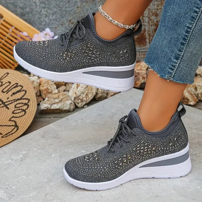 Happy™ Kvinder Sneakers: Stilfulde Åndbare Wedge Hæl Kvinders Sneakers med Funklende Rhinsten