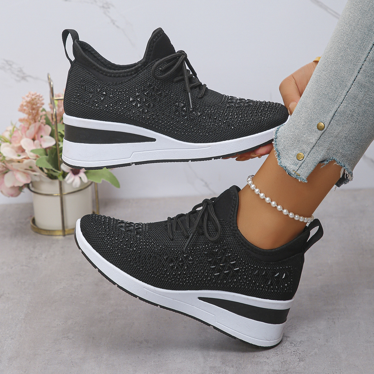 Happy™ Kvinder Sneakers: Stilfulde Åndbare Wedge Hæl Kvinders Sneakers med Funklende Rhinsten