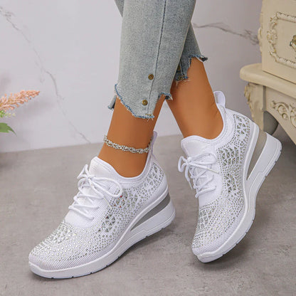 Happy™ Kvinder Sneakers: Stilfulde Åndbare Wedge Hæl Kvinders Sneakers med Funklende Rhinsten