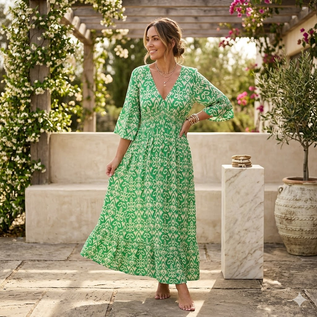 Icone™ Sommerkjole - Elegant Flydende Trykt V-Hals Maxi Sommerkjole