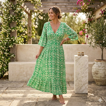 Icone™ Sommerkjole - Elegant Flydende Trykt V-Hals Maxi Sommerkjole