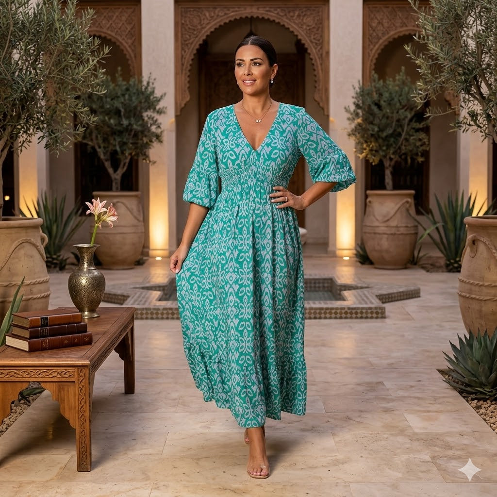 Icone™ Sommerkjole - Elegant Flydende Trykt V-Hals Maxi Sommerkjole
