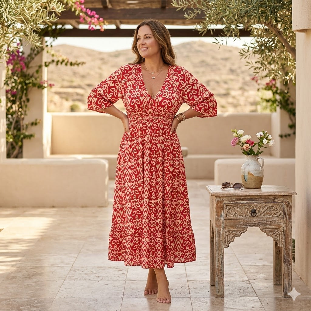 Icone™ Sommerkjole - Elegant Flydende Trykt V-Hals Maxi Sommerkjole