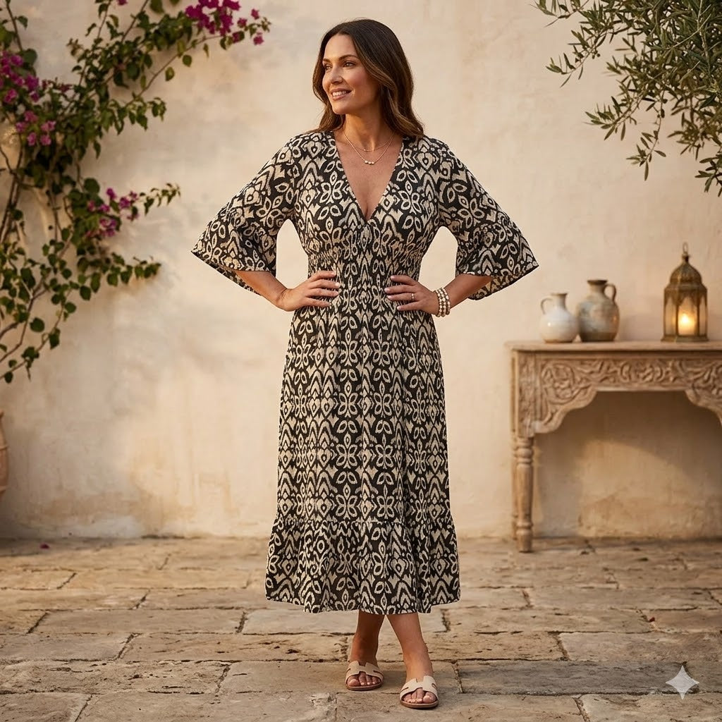 Icone™ Sommerkjole - Elegant Flydende Trykt V-Hals Maxi Sommerkjole