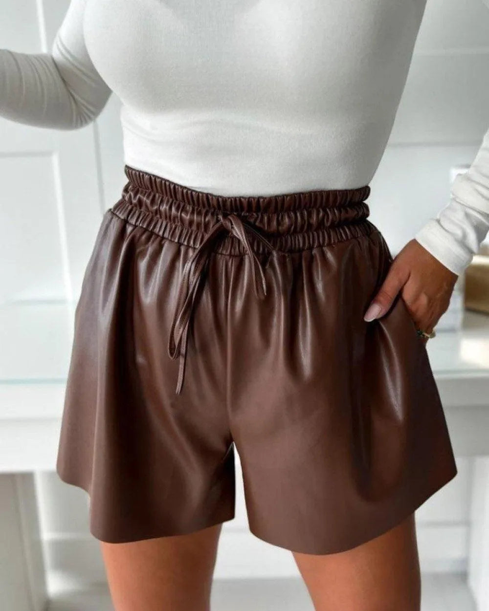 Couture-moda hiba | Short décontracté taille haute en similicuir Chic - Image 2