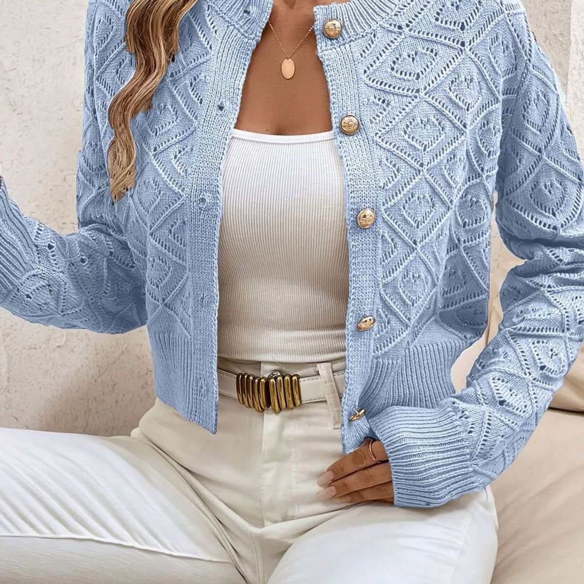Kort rombestrikket cardigan med knapper til damer