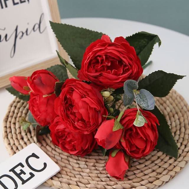 Kunstig Pæon Buket med Blomster og Knopper