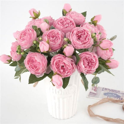 Kunstig Pæon Buket med Blomster og Knopper