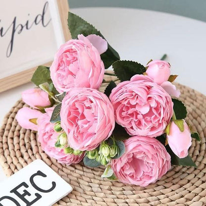 Kunstig Pæon Buket med Blomster og Knopper