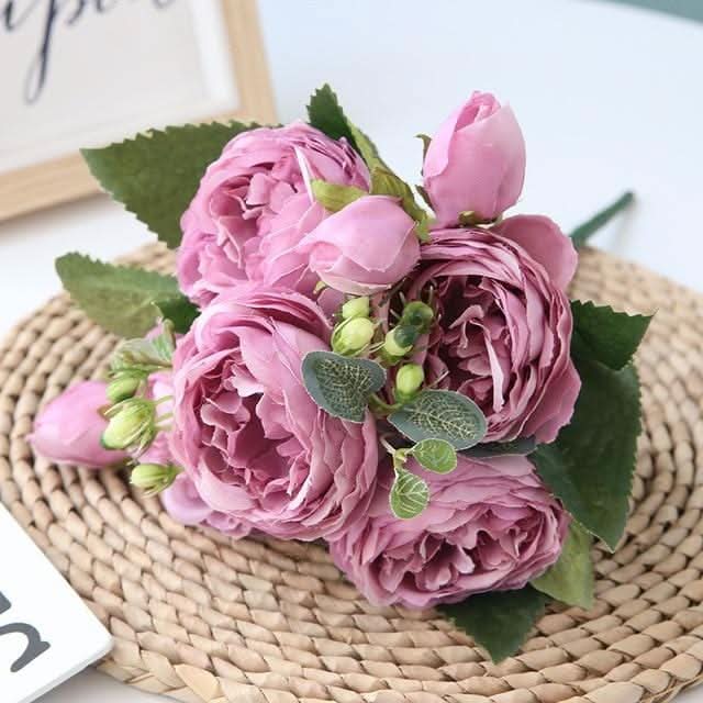 Kunstig Pæon Buket med Blomster og Knopper