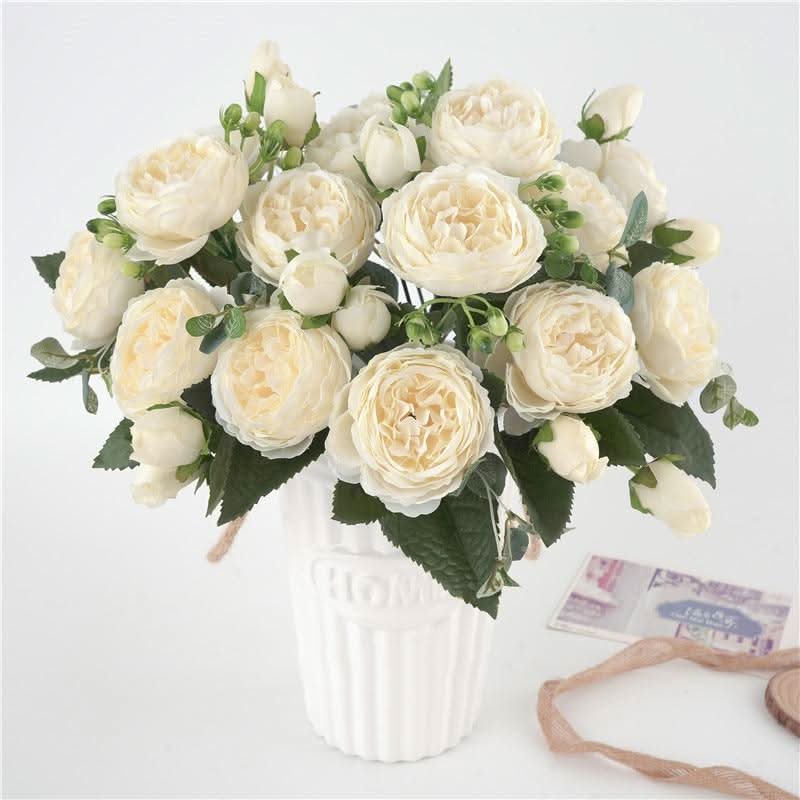 Kunstig Pæon Buket med Blomster og Knopper