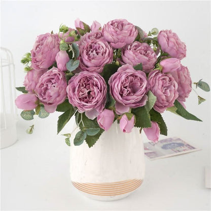 Kunstig Pæon Buket med Blomster og Knopper