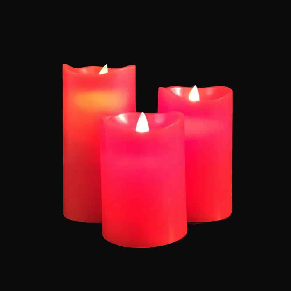 LED Bloklys - 3 stk. - 12/15/17 cm - med 3D Flamme - (Flere Farver)