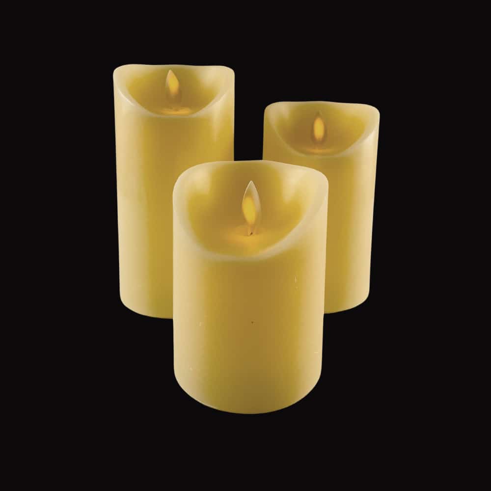 LED Bloklys - 3 stk. - 12/15/17 cm - med 3D Flamme - (Flere Farver)