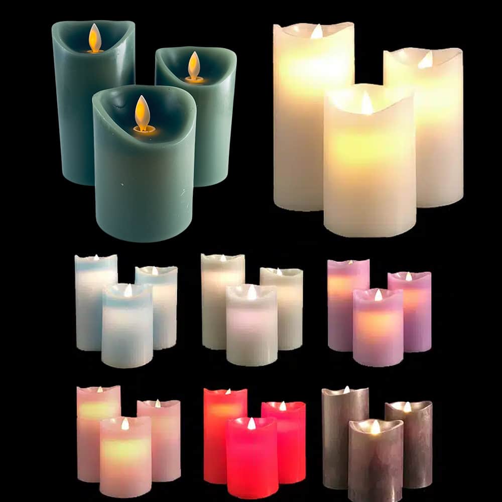 LED Bloklys - 3 stk. - 12/15/17 cm - med 3D Flamme - (Flere Farver)